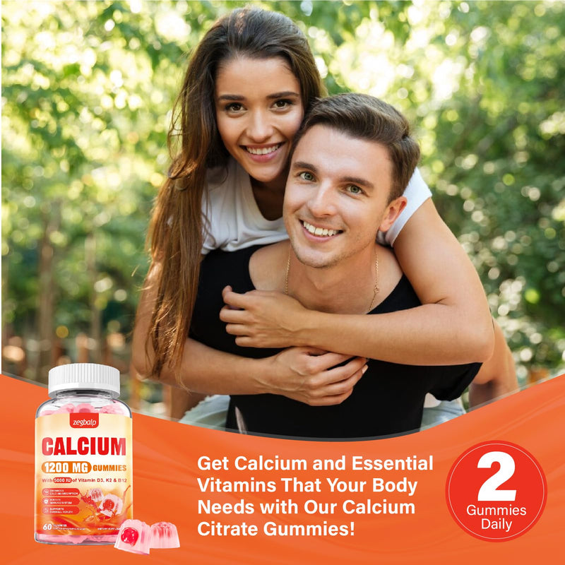 Calcium 1200 mg with Vitamin D3 Supplement for Adults - Calcium Gummies | Vitamin D3 5000IU, K2, B12 - Extra Absorption Calcium Citrate for Women Men - Natural Strawberry Flavor, 60 Gummies 60 Count (Pack of 1)