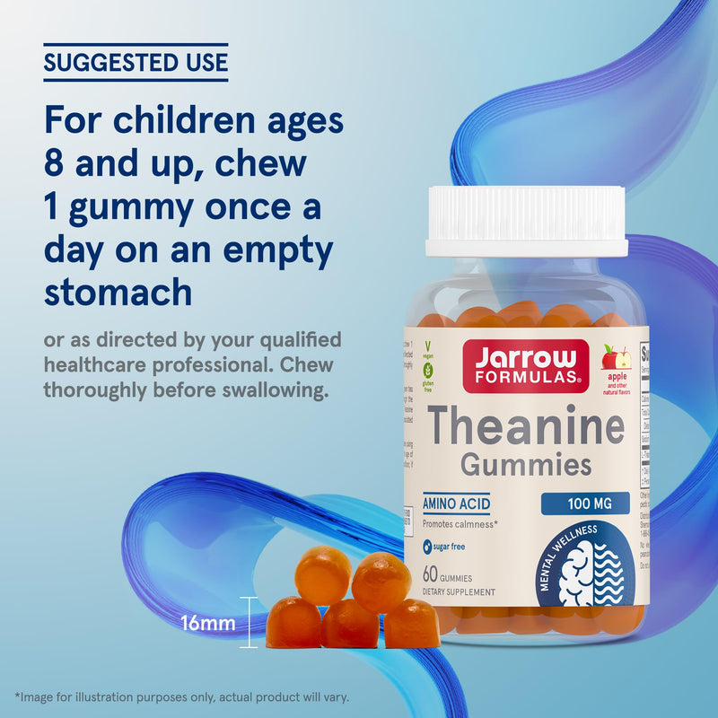 Jarrow Children's Theanine 100mg, 60 Apple-Flavored Gummies | Children's L-Theanine Gummies, 100 Mg Per Serving, Promotes Calmness & Relaxation, Vegan, Non-GMO, Gluten Free, Age 8+ 60 Count (Pack of 1)