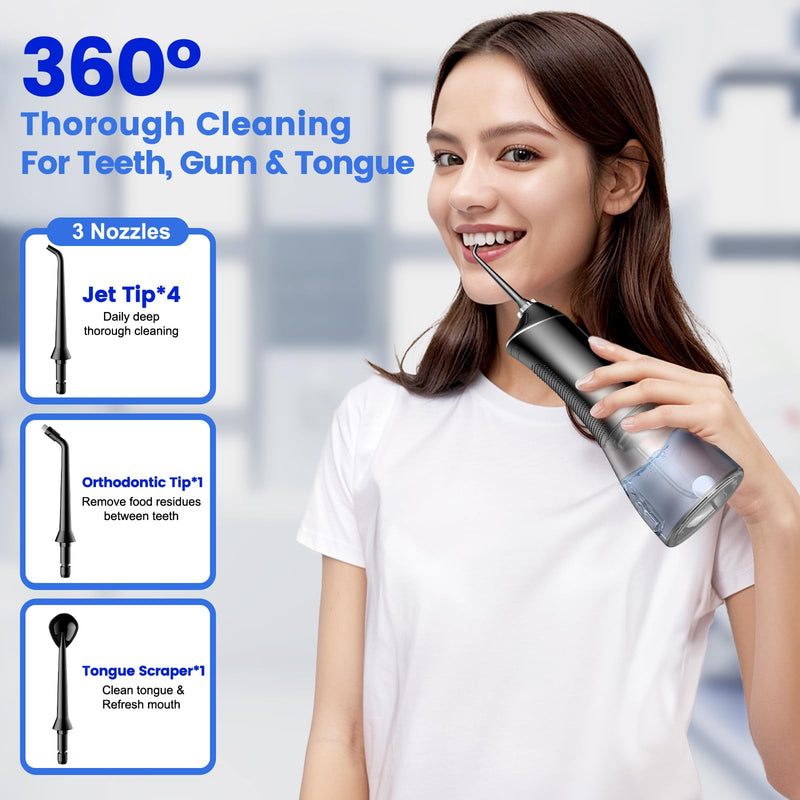 Water Flosser for Teeth Cleaning and Flossing, 5 Modes Rechargeable Cordless Oral Irrigator 320ml Water Tank Teeth Cleaner, IPX7 Waterproof Portable Electric Dentel Flossers for Home and Travel,Black Black