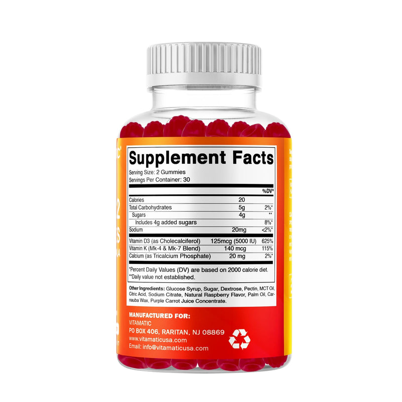 Vitamatic Vitamin D3 + K2 Gummies 60 Count | D-3 5000 IU + Vitamin K 140mcg for Bone Heart & Immune Support, Pectin-Based, Non-GMO, Gluten-Free 60 Count (Pack of 1)