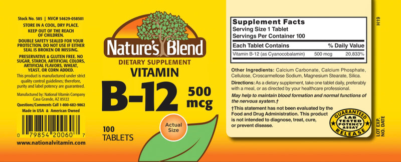 Nature's Blend Vitamin B-12 500 mcg 100 Tablets