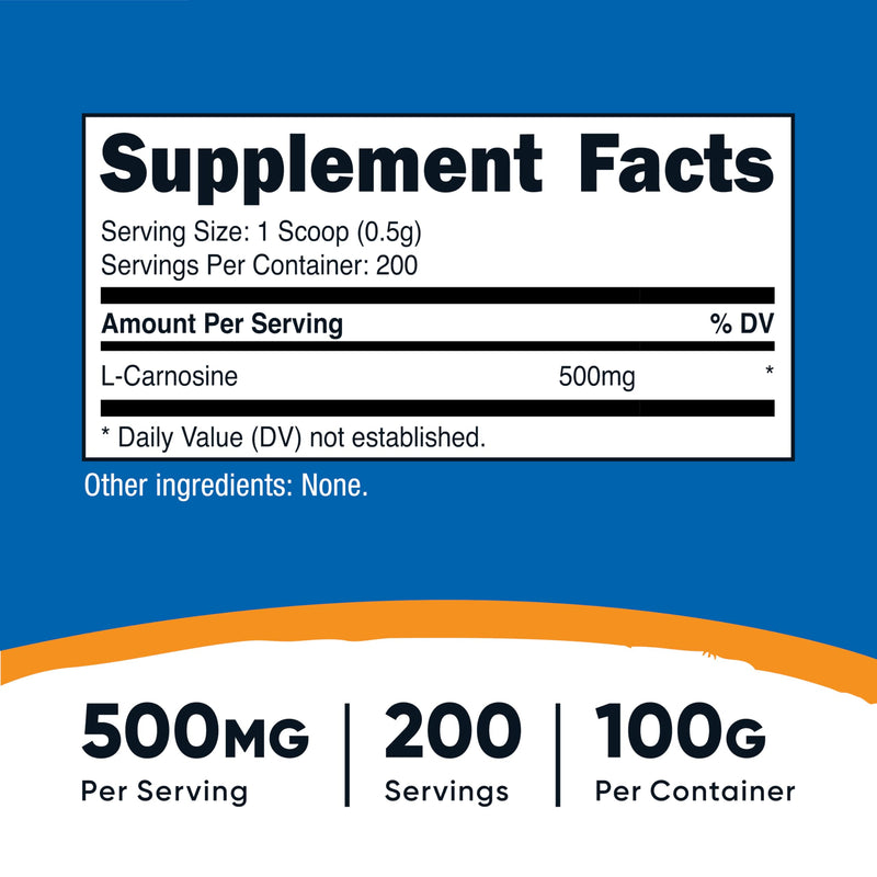 Nutricost L-Carnosine Powder 100 Grams (200 Servings) - Non-GMO 3.5 Ounce (Pack of 1)