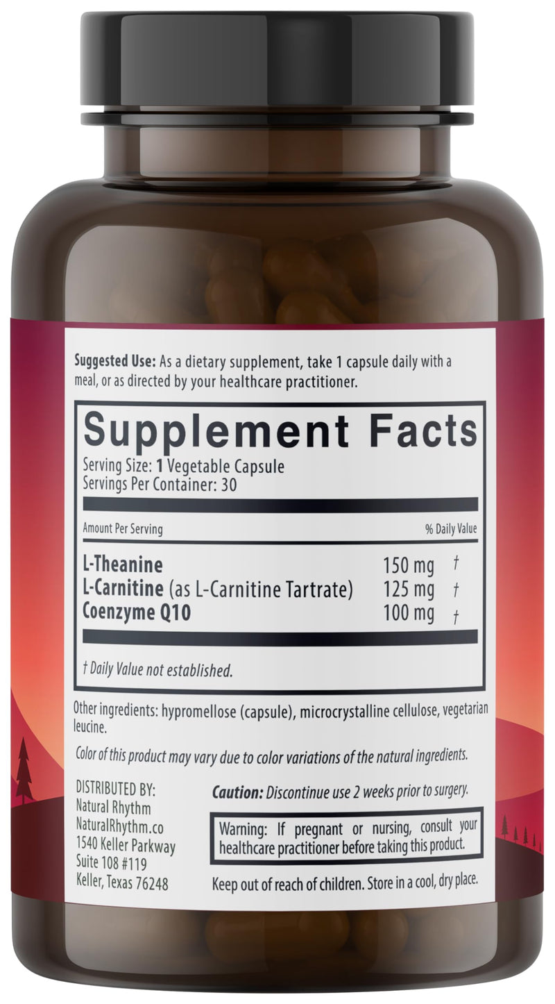 Natural Rhythm CoQ10-ZEN | Coenzyme Q10 (100 mg) + L-Carnitine (125 mg) + L-Theanine (150 mg) | Dietary Supplement Capsules | Cellular Energy & Daily Wellness Support | 30 Count