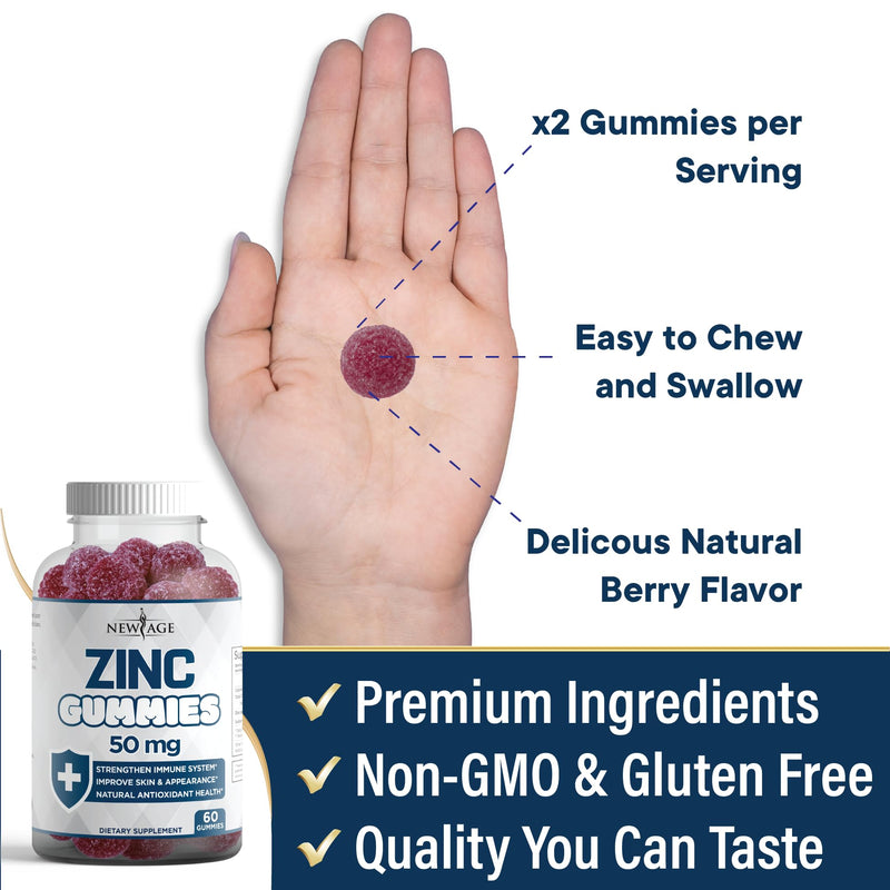 Zinc Gummies - 2 Pack - 50mg High Immune Booster Zinc Supplement, Immune Defense, Powerful Natural Antioxidant, Non-GMO - by New Age, 120 Count 60 Count (Pack of 2) - BeesActive Australia