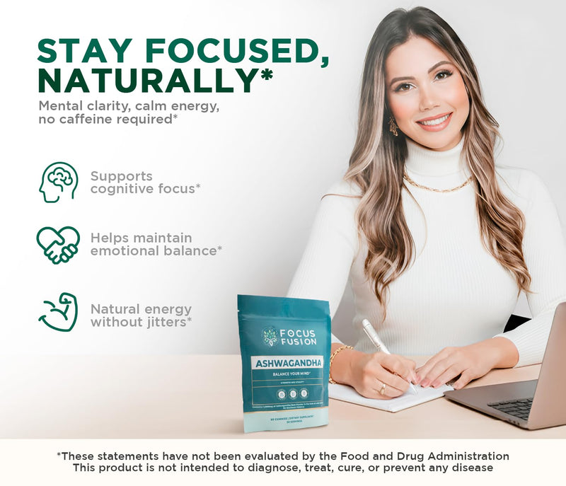 Focus Fusion Ashwagandha Gummies with Vitamin D2 & Zinc – Extra Strength Stress Relief, Mood & Focus Support – Calm Energy & Immune Boost – Vegan, Non-GMO, Fruity Mix Berry Flavors (60 Count)