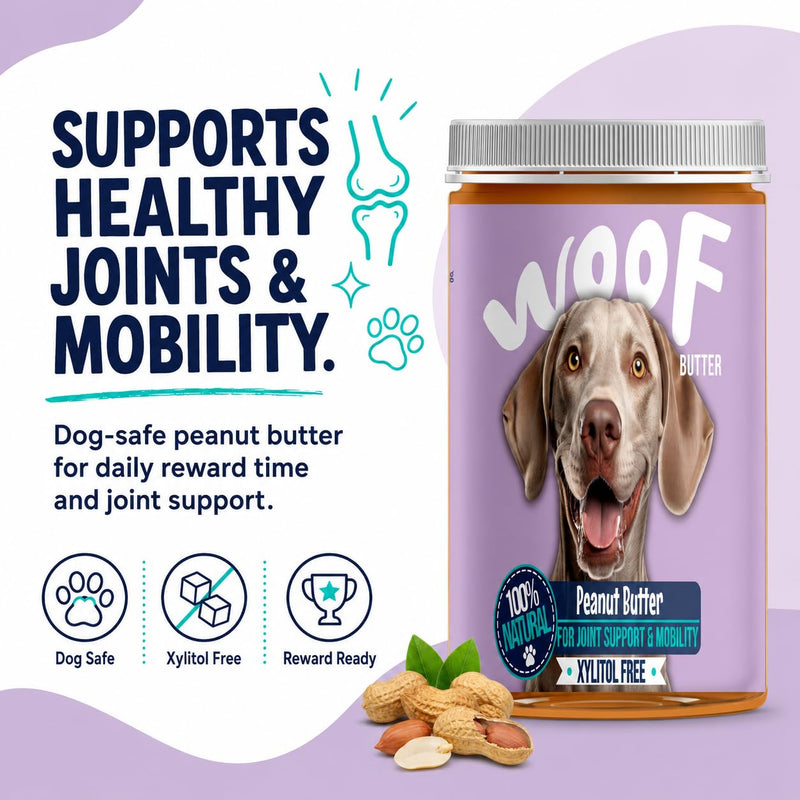 Joint Support Dog Peanut Butter | Xylitol Free Peanut Butter for Dogs | Lick Mats & Enrichment Toys | Woof Butter | 400g