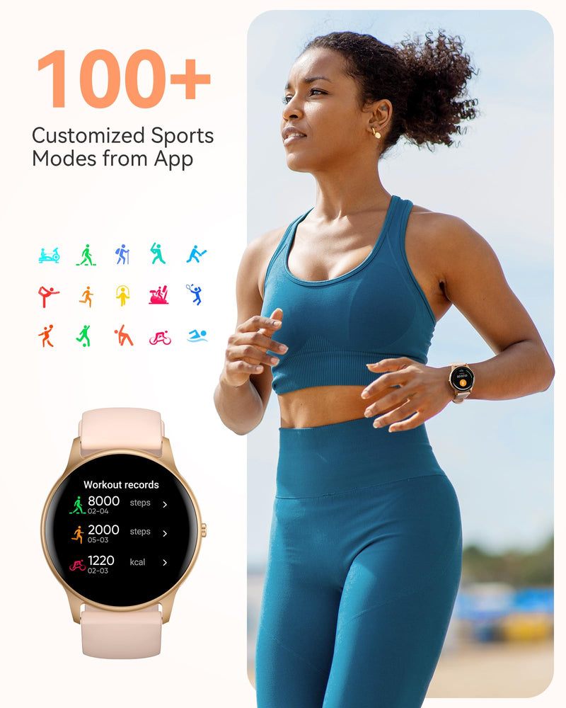 AGPTEK Smart Watch for Women, 5ATM Waterproof Smartwatch for Android and iOS Phones, Fitness Tracker Watch with 100+ Sports Modes, Heart Rate Monitor Pedometer Sleep Monitor, Pink Rose gold case with pink band - BeesActive Australia