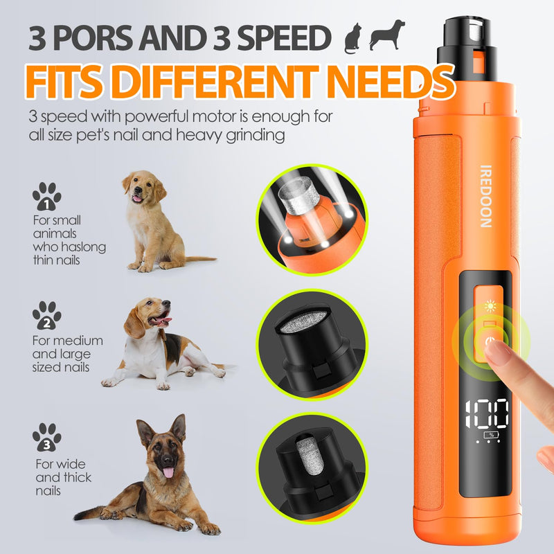 Dog Nail Grinder Upgraded - Professional 3-Speed Super Quiet and Low Vibration Electric Pet Nail Grinder with 4 LED Lights - Painless Paws Grooming & Smoothing for Small to Large Dogs (Orange) Orange