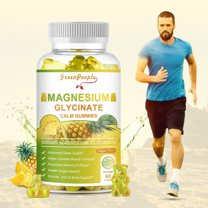 GREENPEOPLE Magnesium Glycinate Gummies with Citrate 1000mg, Taurate & Matale - Sugar Free - Magnesium Potassium Supplement with Vitamin D, K2 for Calm Mood & Zzz Support - 60 Pineapple Gummies-2 Pack