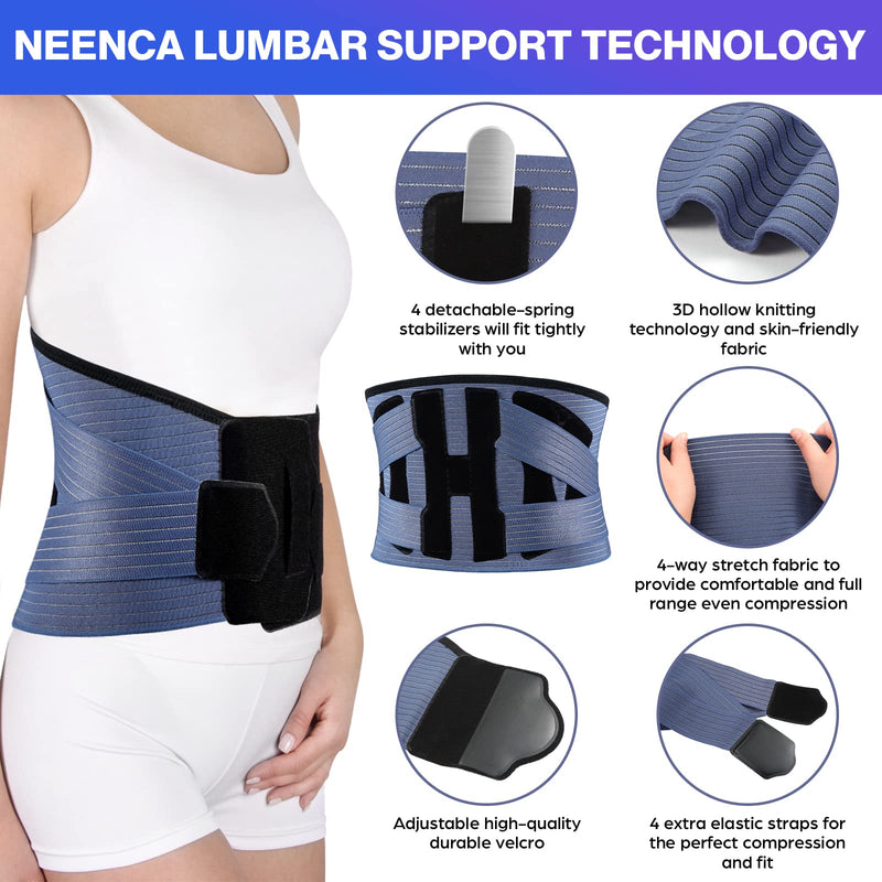NEENCA Back Support Brace, Adjustable Lumbar Support for Pain Relief of Back/Lumbar/Waist, Waist Wrap with Spring Stabilizers for Injury, Herniated Disc,Sciatica, Scoliosis and more Medium Navy Blue-Black