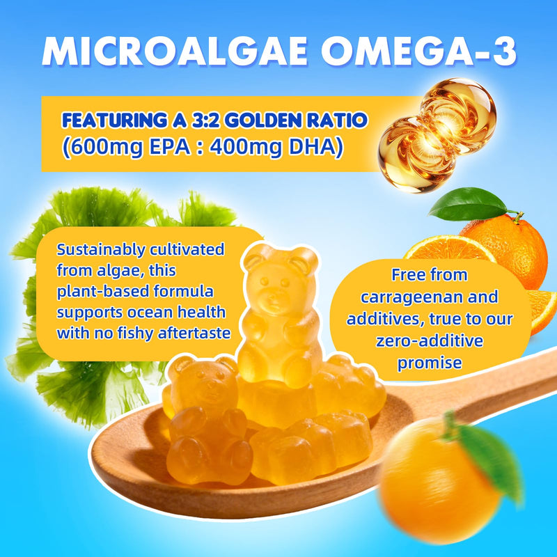 2 Pack Vegan Omega-3 Gummies - 1600mg with 600mg EPA & 400mg DHA. High Absorption Formula. Delicious Orange Flavor - 120 Gummies 2pack