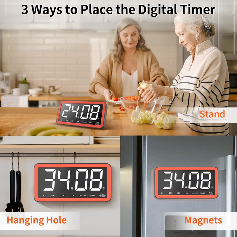 VOCOO Digital Kitchen Timer with 7.8” Extra Large Display, Magnetic LED, with 3 Brightness, 4 Alarms and 3 Volume Levels, Battery Powered Countdown Count Up Timer for Cooking, Classroom, Home Gym Black Red