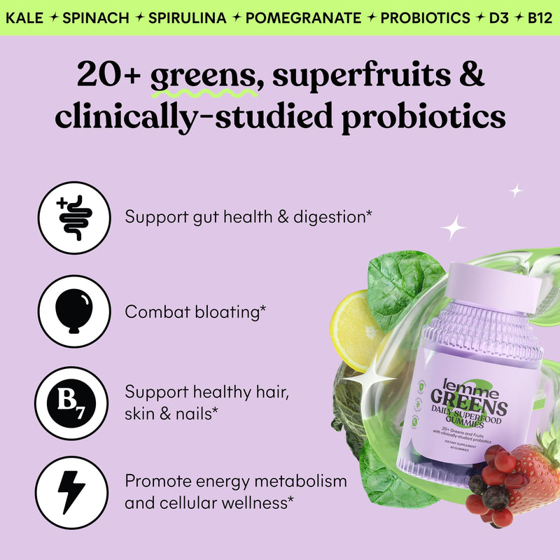 Lemme Greens Superfood Gummies, 30-Day Supply | Support Gut Health & Reduce Bloating, 20+ Organic Greens and Superfruits, Clinically Studied Probiotics, D3, B12