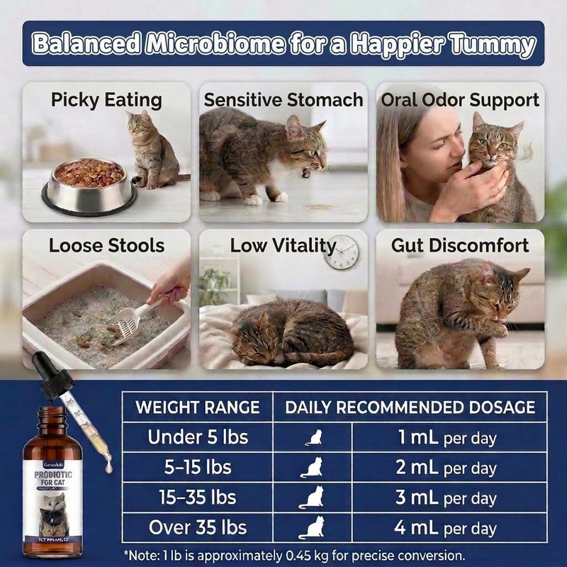 Cat Probiotics for Digestive Support - Liquid Probiotics for Cats with Digestive Enzymes & Natural Extracts Supports Sensitive Stomach - Easy-to-Use Drops 2oz (60ml)
