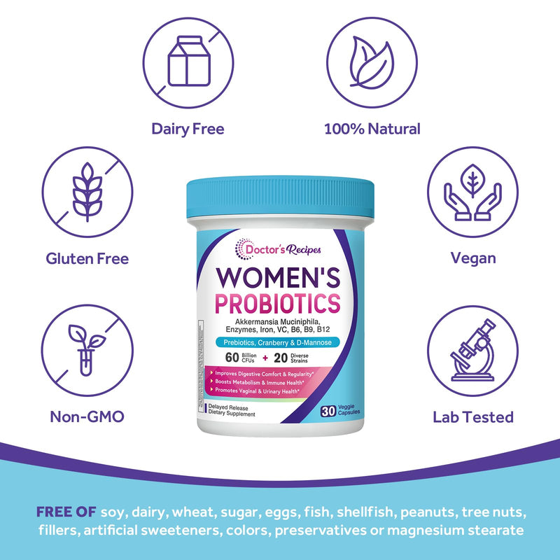 Doctor's Recipes Probiotics for Women, Akkermansia Muciniphila, Prebiotics, Cranberry, D-Mannose, Iron, Folate, VC, B6, B12, 60 Billion CFU, Vaginal, Digestive, Immune Health, 30 Vegan Capsules