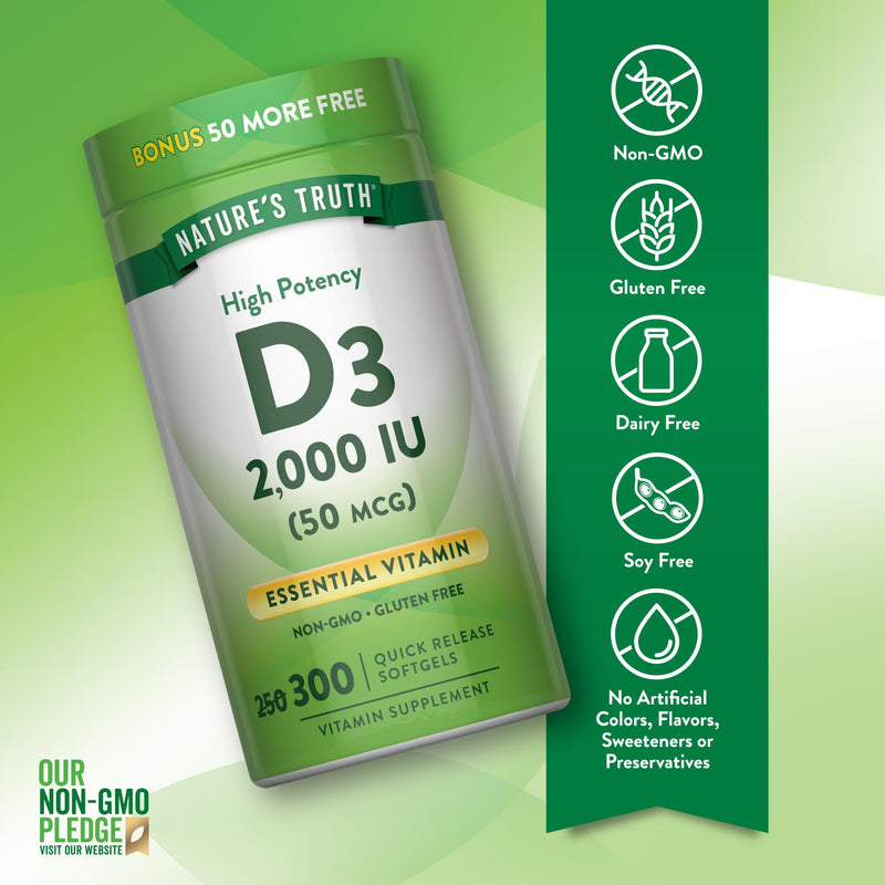 Nature's Truth Vitamin D3 2000 IU | 300 Softgels | High Potency Formula | Non-GMO & Gluten Free Supplement 300 Count (Pack of 1)