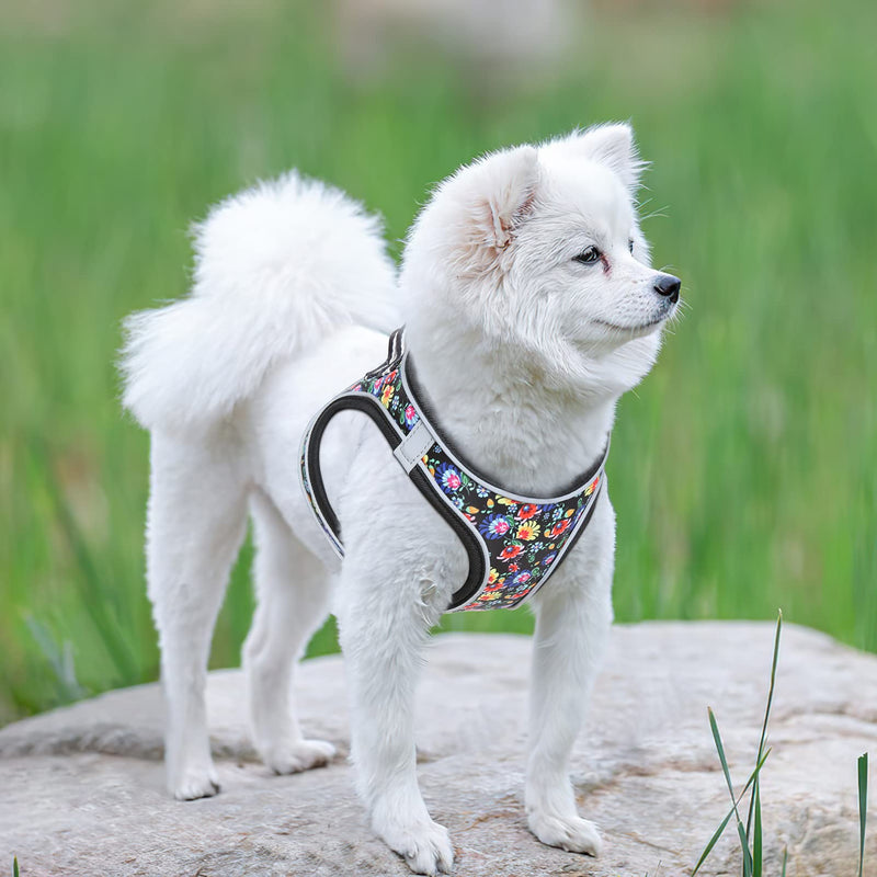 HEELE Dog Harness Dogs Small Dog Harness Anti Pull Breathable Chest Harness No Pull Safety Harness Reflective Adjustable Soft for Small Dogs Walking Running Training, Flower Black, L L (Pack of 1) R-Flower Black - BeesActive Australia