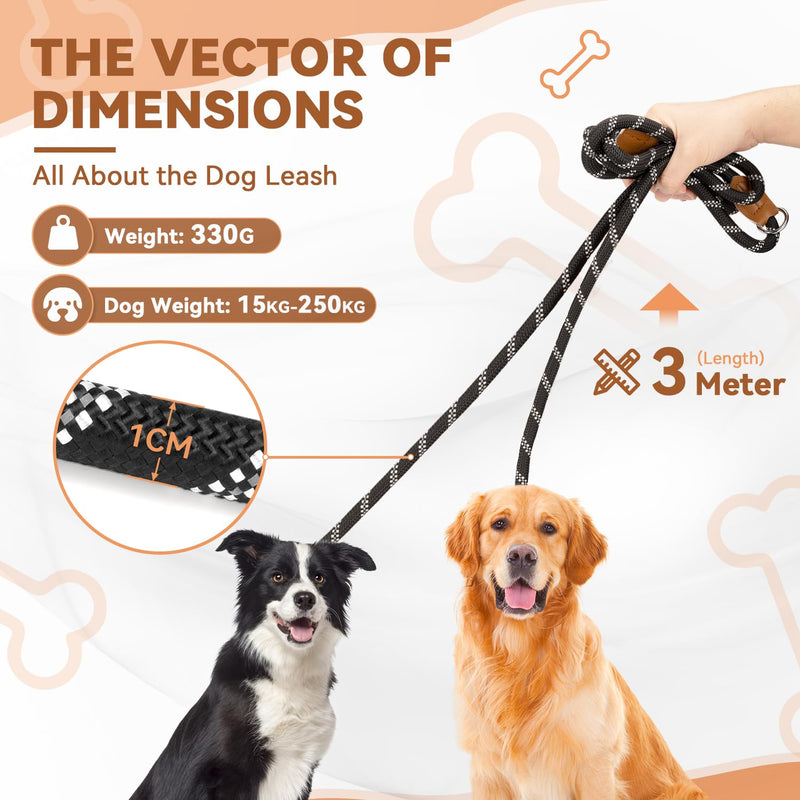 PETCOOZ dog leash 3 m adjustable towing leash for medium and large dogs (15-60 kg), reflective hands-free leash with 2 carabiners, double leash made of robust nylon, 200 kg extreme strength black - reflective - BeesActive Australia