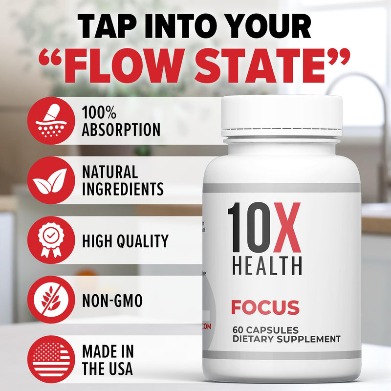 10X Health Focus Rhodiola Rosea - Brain Supplements for Memory and Focus - 60 Capsules Focus Supplement, Memory Supplement for Brain Health with Ginkgo Biloba, Huperzine A - Ginkgo Biloba Capsules