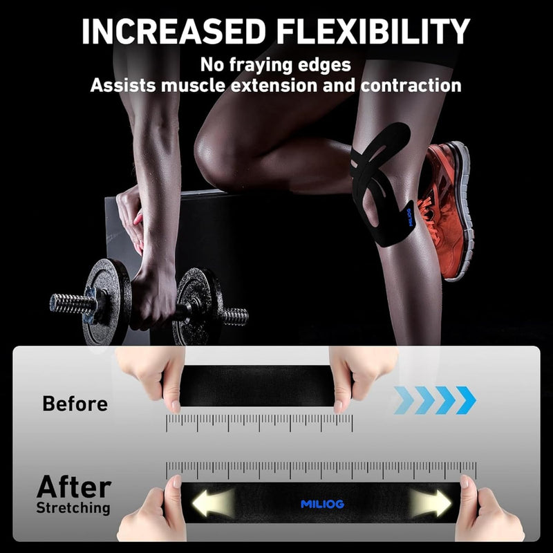 PreCut Kinesiology Tape for Knees, KTQUICK 12 PCS 5% Extra Adhesive Knee Tape for Knee Pain Relief Pre Cut, Anatomical for Maximum Hold, Waterproof&Hypoallergenic Cotton Latex-Free for Sports (Black) 12PCS Black - BeesActive Australia