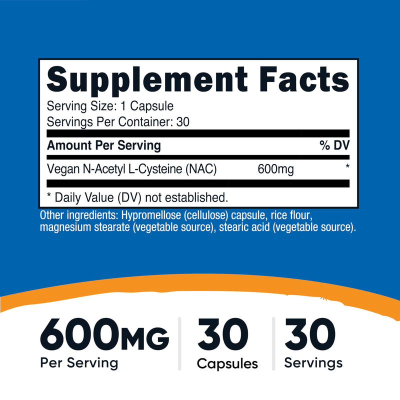 Nutricost N-Acetyl L-Cysteine (NAC) 600mg, 30 Vegan Capsules - GMO Free, Gluten Free, Vegetarian Caps 30 Count (Pack of 1)