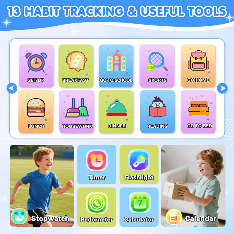 MOFGDNI Smart Watch for Kids with 39 Games Touchscreen Camera Video, Music Player, Pedometer, Calculator, Calendar, Stopwatch, Flashlight, Alarm Clock 12/24 hr, Birthday Gifts Toys for Boys Ages 3-12 Blue