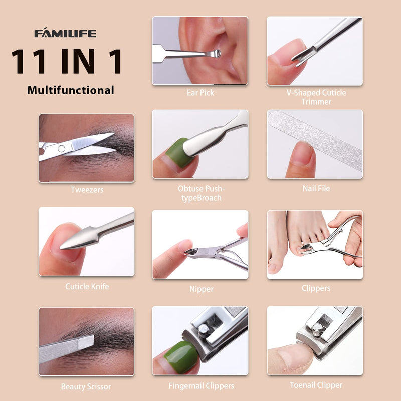FAMILIFE Gifts for Women, Manicure Set Professional Manicure Kit 11 in 1 Nail Kit Nail Clippers Tools Stainless Steel with Rose Gold Leather Case Travel Sets - BeesActive Australia