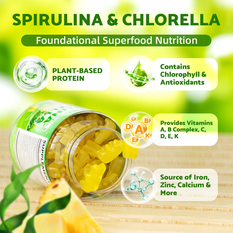 2 Pack Spirulina Chlorella Gummies, Supports Daily Energy & Immune System | Super Greens Blend with Protein, Chlorophyll, Vitamin C, D3, B12, Zinc, Pineapple Flavor, 120 Count 60 Count (Pack of 2)