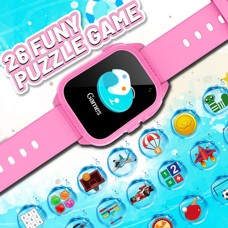OVV Kids Waterproof Smart Watch Boys Girls Age 3-12 Learning Systems Toys with 26 Game 1.44'' HD Touch Screen Music Player Camera Video Recorder 12/24 Hr Clock Pedometer Alarm Torch Calculator pink - BeesActive Australia