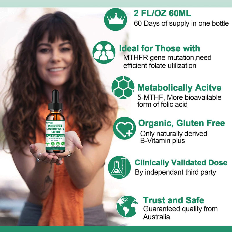 Methylfolate Supplement for Adult Kids, L-MethyFolate 5mthf Plus Methy B12 | Activated Methyl folate Drops w. B6, B2 Multivitamin for Mood Homocysteine Methylation Cognition Energy Nerve Health, Non-GMO