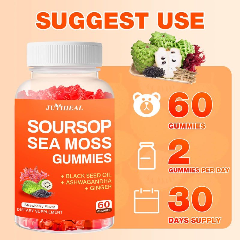 (2 Pack) Soursop Graviola with Sea Moss Gummies, 10-in-1 Soursop Gummies with Vitamin C, Zinc for Immunity and Antioxidant, Gluten Free, Vegan 120 Gummies Strawberry Gummies 2pack