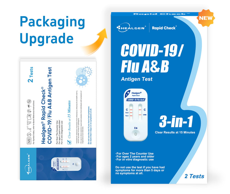 Healgen Rapid Check COVID-19, Flu A&B Antigen Test Kit, The First FDA Authorized OTC 3-in-1 Flu & COVID Home Test, Easy to Read Dual Windows, Results in 15 Mins, 2 Test