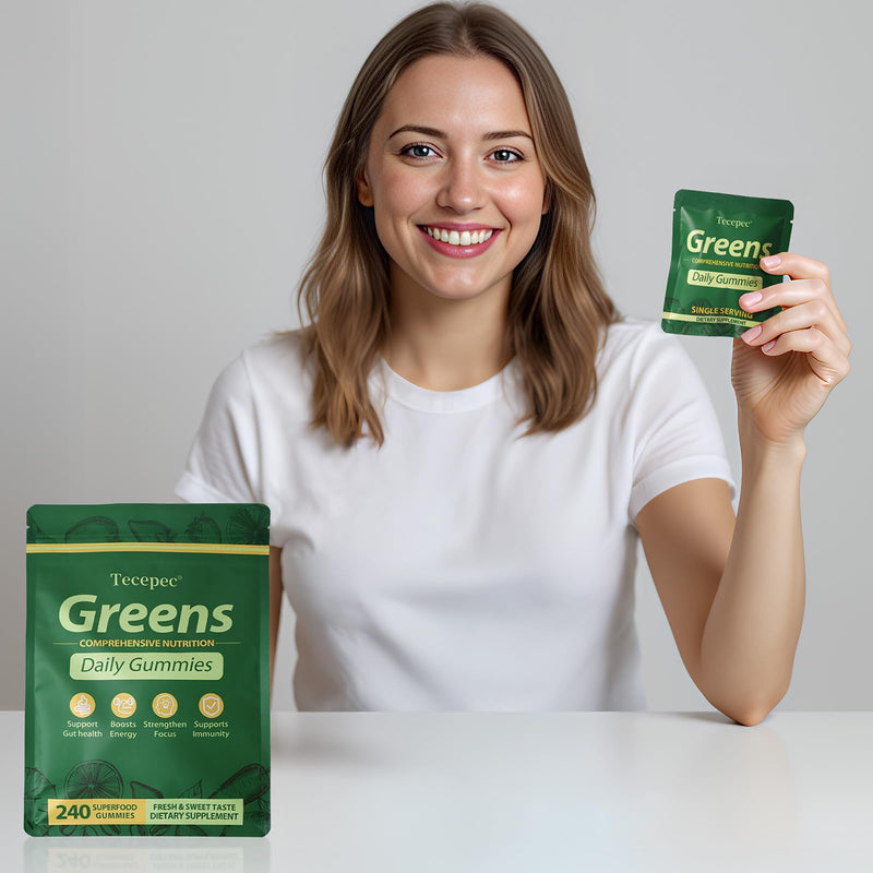 Greens Daily Gummies, Superfood Fruits and Veggies Blend with Spirulina, Chlorella, Prebiotics & Fiber, Adaptogens Multivitamin Supplement for Women & Men Digestive Health, Non-GMO, 240 Count 240 Count (Pack of 1)