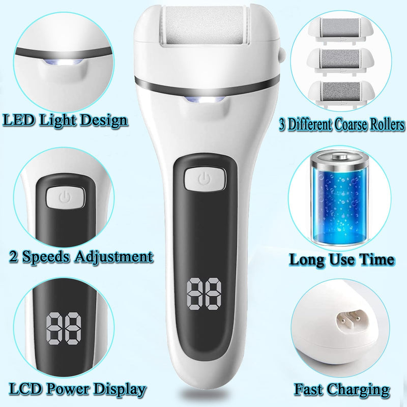 Callus Remover for Feet Electric Foot File, 13-in-1 Professional Pedicure Tools Foot Care Kit, Foot Scrubber Pedi for Hard Cracked Dry Dead Skin, 3 Rollers, 2 Speed, Battery Display (White&Grey) White&grey - BeesActive Australia