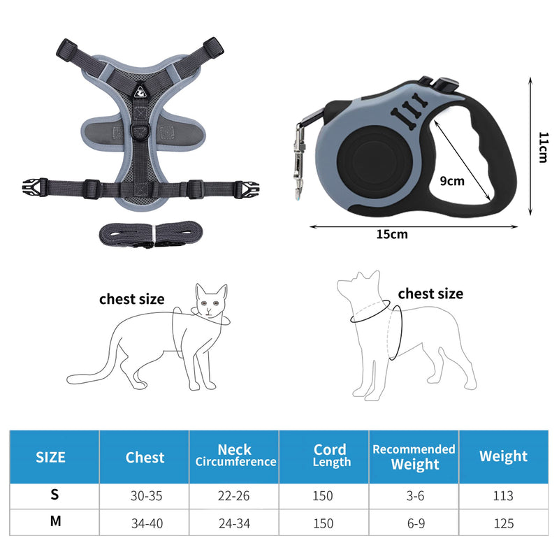Cat harness and cat leash set, automatic retractable dog leash with harness for cats, escape-proof cat leash, cat harness set with leash for cats, kittens, dogs (M, grey) - BeesActive Australia