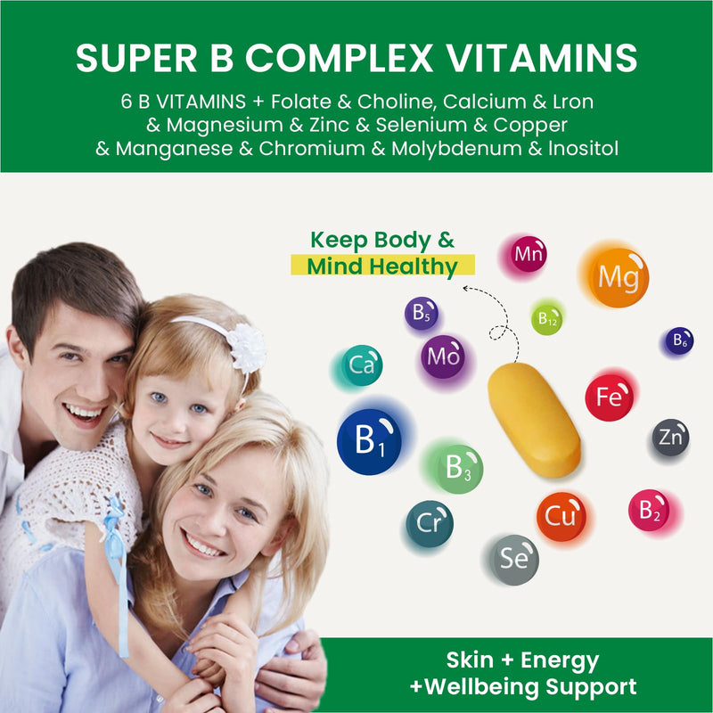 Vitamin B Complex, with Vitamins B1, B2, B3, B5, B6, B12 120 Tablets | with Folic Acid, Choline, Zinc, Calcium, Inositol for Brain and Heart Health, Immune Health, and Cellular Energy Support 2 Bottles