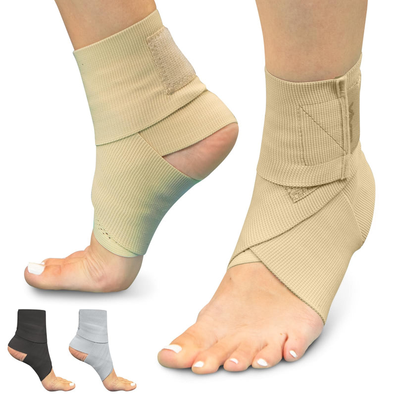 Vive Ankle Wrap (2 Pack) - Strap Heel Brace Stabilizer for Sprained Foot - Breathable, Soft, Firm Compression Sport Sleeve for Swelling - Adjustable Nonslip Elastic Support for Tendonitis (Women, Men) Beige - BeesActive Australia