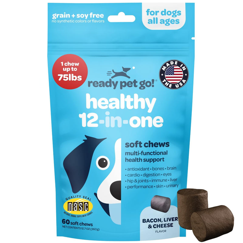 12-in-1 Complete Multivitamin for Dogs | Dog Multivitamin Chewable with Glucosamine Chondroitin & Digestive Probiotics for Dogs of All Ages and Sizes | NASC Certified & Made in The USA | 60 Chews 60 Count