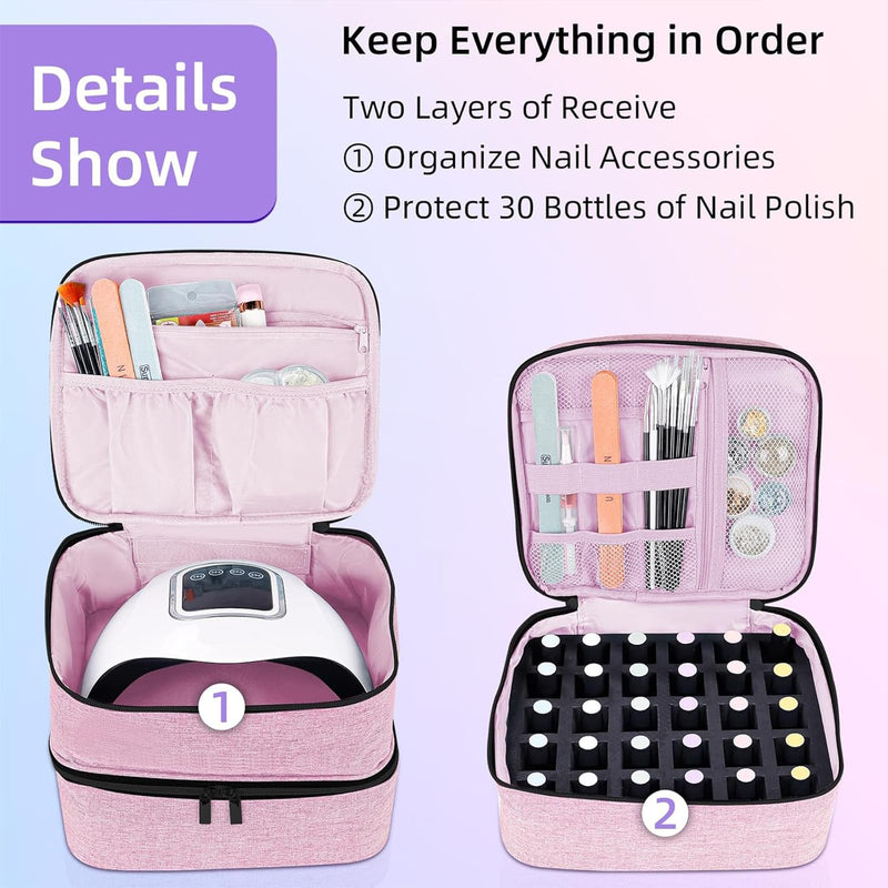 ALSLEA Nail Polish Organizer Holds 30 Bottles (15ml - 0.5 fl.oz) Double-layer Gel Nail Polish Kit Case, Nail Holder for Nail Lamp, Portable Nail Organizer and Storage for Nail Supplies (Pink) Pink 30 slots