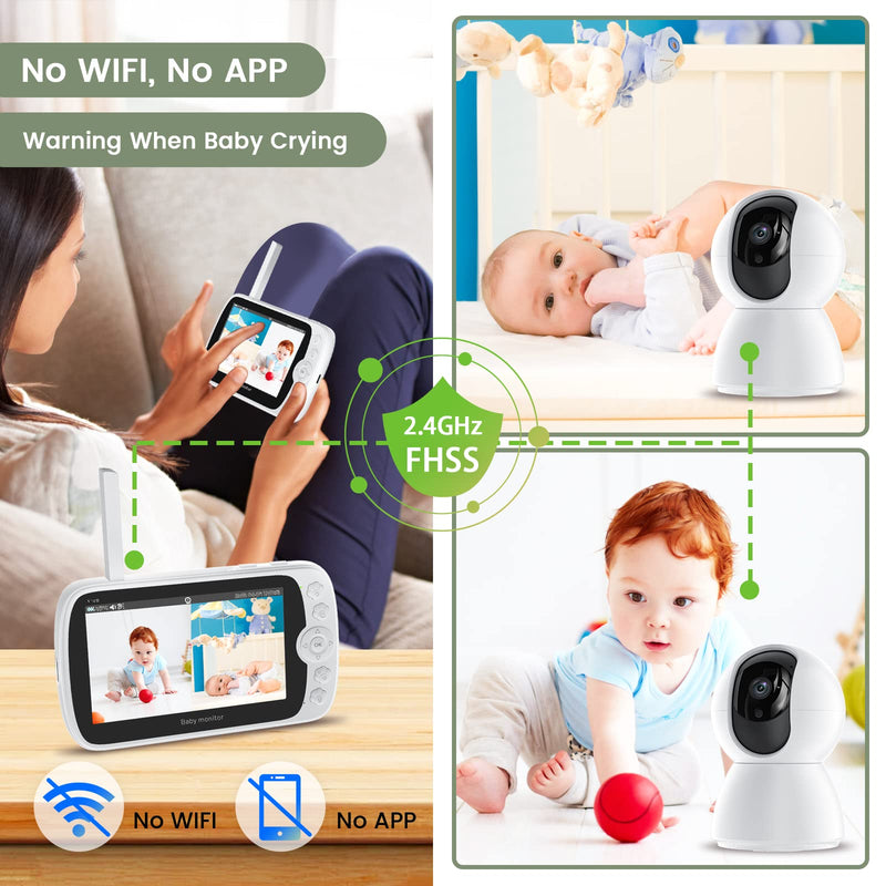 Split Screen Baby Monitor, Baby Monitor with 2 Cameras, 5" Pan-Tilt-Zoom Video Baby Monitor, HD Baby Video Cameras Monitor Audio with VOX Mode, Night Vision & 8 Lullabies and 1000ft Long Range No Wifi - BeesActive Australia