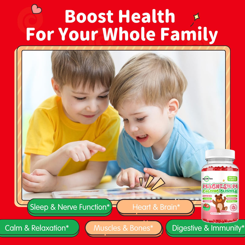 Kids Magnesium Glycinate Gummies, Magnesium Supplement with L-Theanine, Vitamin B6, D3 for Kids & Adults, Calm Magnesium for Sleep Relaxation,Brain,Bones,Sugar Free Strawberry 120ct 60 Count (Pack of 2)