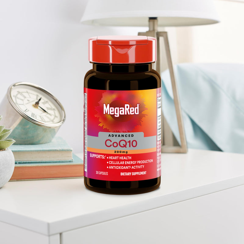 MegaRed Advanced CoQ10 200mg, Heart Health & Cellular Energy, 30ct | Power Antioxidant, Protects Against Free Radicals, No Added Color or Sugar, Fast releasing capsules, Coenzyme Q10, Calcium 30 Count (Pack of 1)