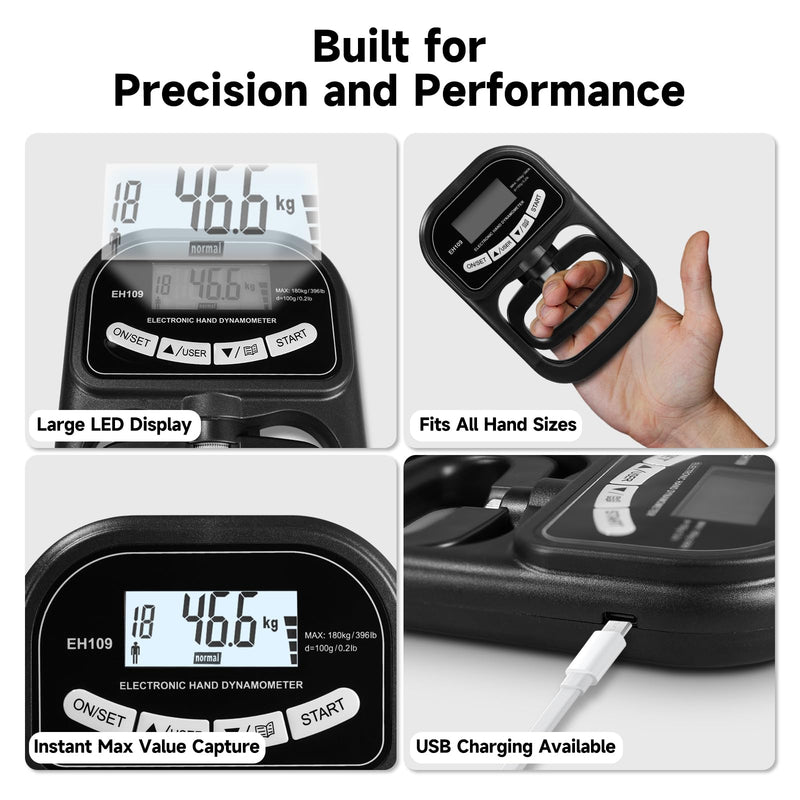 Digital Grip Strength Tester & Trainer Set – LCD Hand Dynamometer with 19-User Memory, USB or Battery Powered + Electronic Grip Exerciser with 1-Touch Reset – Fitness Gift for Men