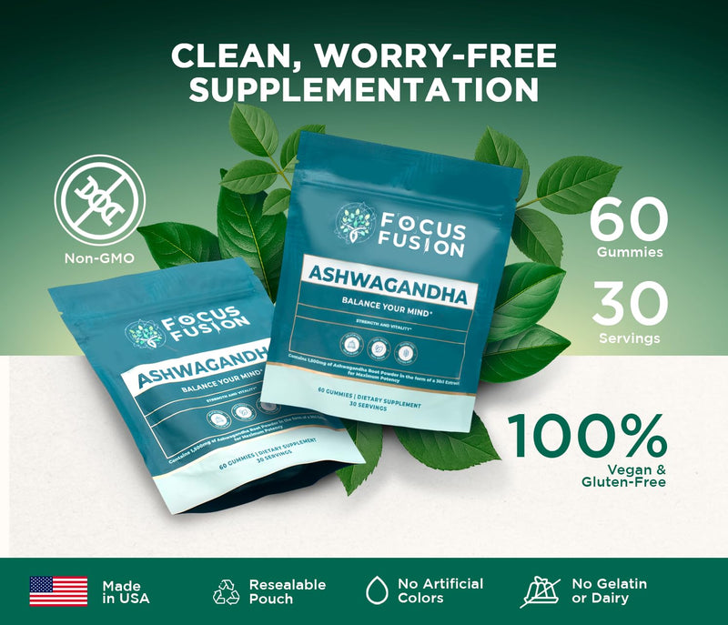Focus Fusion Ashwagandha Gummies with Vitamin D2 & Zinc – Extra Strength Stress Relief, Mood & Focus Support – Calm Energy & Immune Boost – Vegan, Non-GMO, Fruity Mix Berry Flavors (60 Count)
