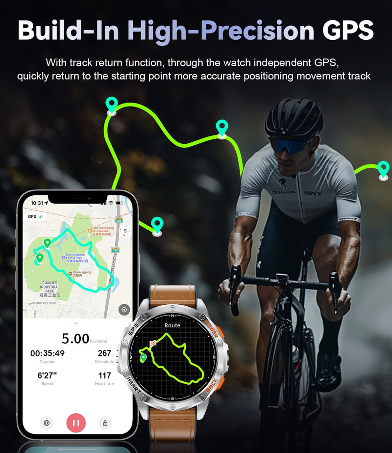 LIGE DM1 GPS Military Smart Watch for Men, 100+ Sports Modes Fitness Tracker, LED Flashlight/Compass/45 Days Battery/IP68 Waterproof 1.43'' AMOLED Always on Display Smartwatch for Android iOS, Sliver DM1-D1-US