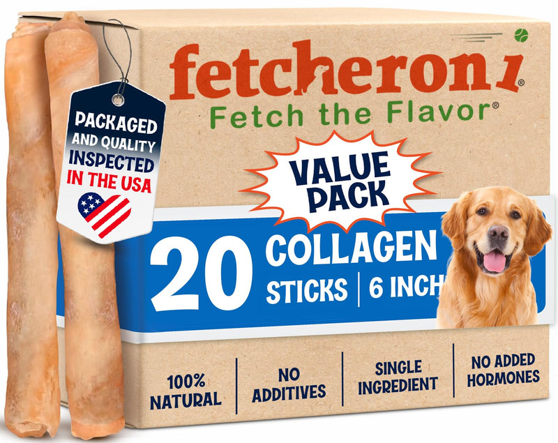 6" Collagen Sticks for Dogs – Low Odor Long-Lasting Bully Stick & Rawhide Alternative, Single Ingredient Beef Bone, High Protein Dental Treat, Vet Approved, Improves Joint Health – 20 Pack