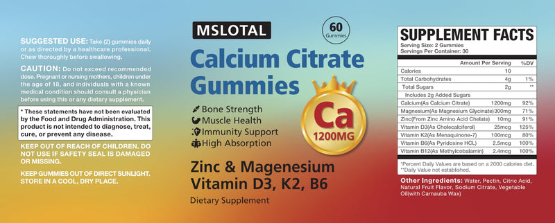 Calcium Citrate Gummies, Calcium 1200mg with Vitamin D3, B6, B12, Magnesium Zinc Calcium Supplements for Women and Men, Support Bone & Muscle Health, 120 Chews Mixed Fruit