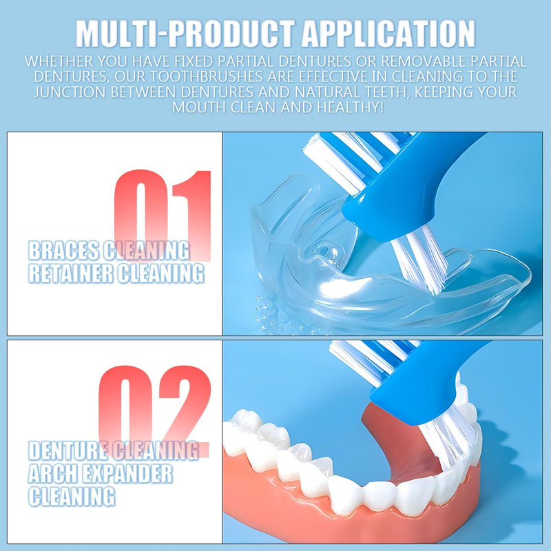 3Pcs Denture Toothbrush Double Heads Denture Brush Portable Denture Cleaning Tool Oral Care Set False Teeth Denture Cleaner Anti-Slip Handle Hygiene Denture Brush,Blue - BeesActive Australia
