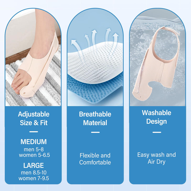 Bunion Corrector for Men and Women, Adjustable Big Toe Straightener & Alignment Splint for Hallux Valgus Pain Relief, Day and Night Support, Fits in Shoes - Medium, 2 Pcs - BeesActive Australia