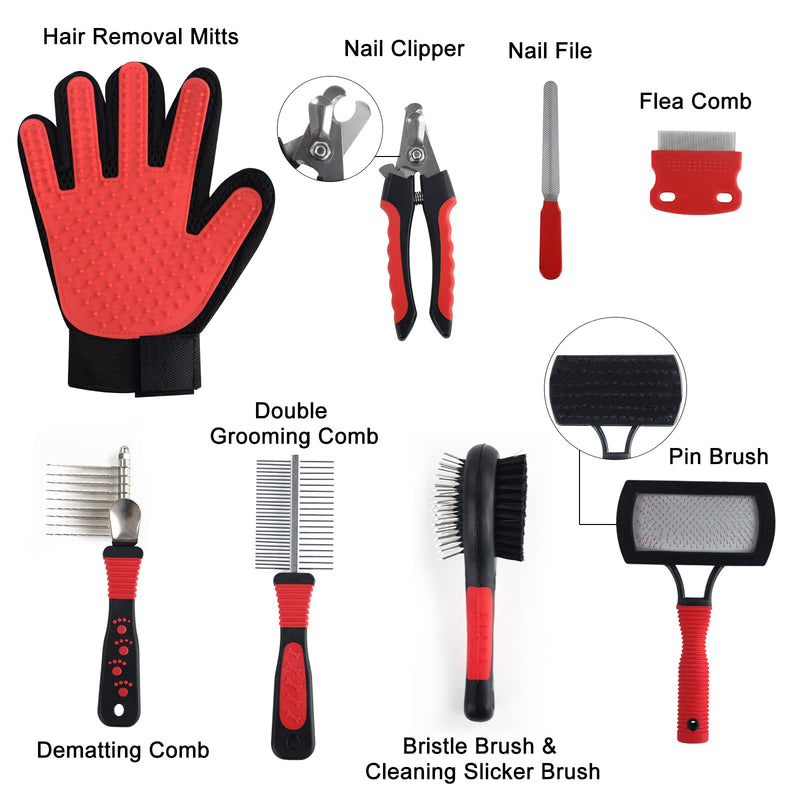 Wisedog Pet Grooming Kit - Pin & Bristle Brush, Slicker Brush, Dematting Tool, Nail Clipper, Hair Removal Mitts, Flea Comb for Dogs and Cats (Reddish-black) reddish-black - BeesActive Australia